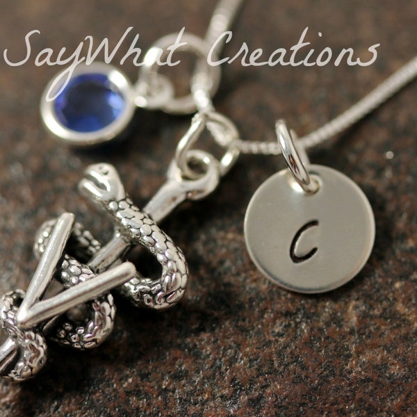 Veterinary Necklace Custom Hand Stamped Sterling Silver Mini Initial with Birthstone and Vet  Symbol Charm