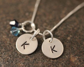 Sterling SIlver Mini Initial Hand Stamped Necklace with 2 disks and 2 birthstones