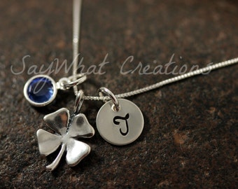 Sterling Silver Mini Initial Hand Stamped Shamrock Four Leaf Clover Necklace