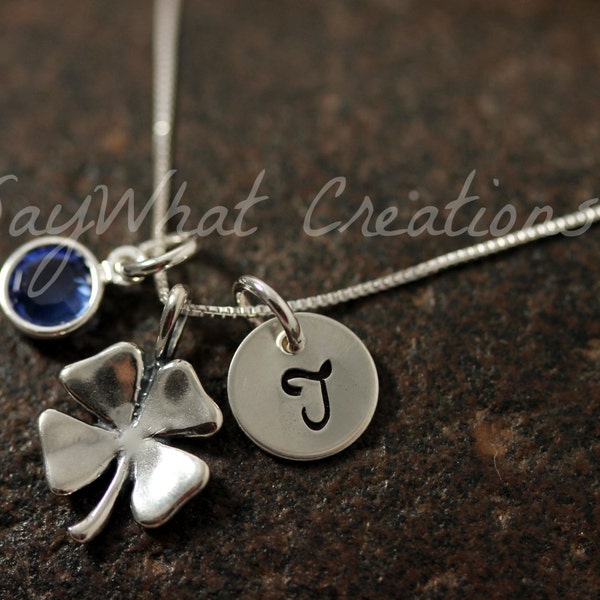 Sterling Silver Mini Initial Hand Stamped Shamrock Four Leaf Clover Necklace