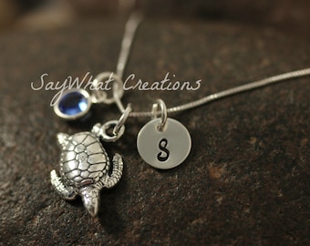 Sterling Silver Mini Initial Hand Stamped Sea Turtle Necklace