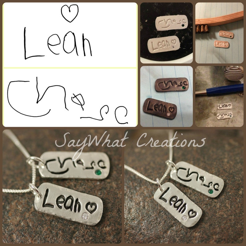 Your Child's Actual Handwriting Necklace with TWO solid silver tags with embedded birthstones image 2