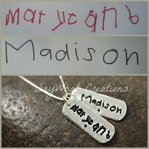 Your Child's Actual Handwriting Necklace with TWO solid silver tags with embedded birthstones image 3