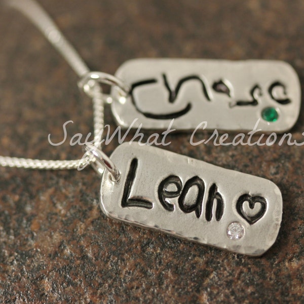 Your Child's Actual Handwriting Necklace with TWO solid silver tags with embedded birthstones