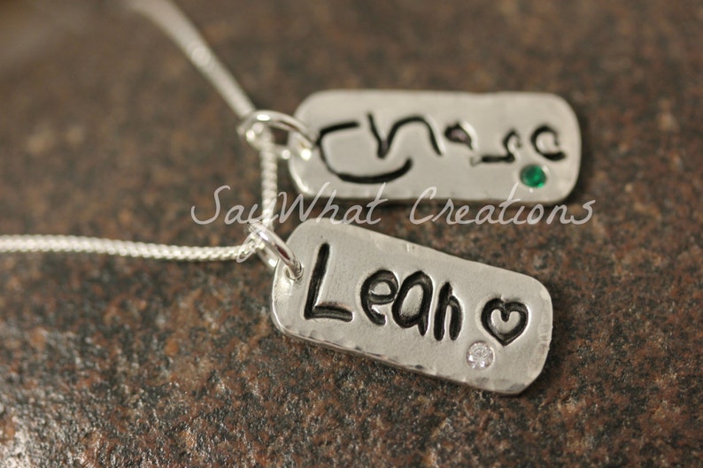 Your Child's Actual Handwriting Necklace with TWO solid silver tags with embedded birthstones image 1