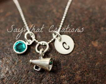 Sterling Silver Cheerleader Megaphone Charm Necklace with Mini Hand Stamped Initial and Birthstone