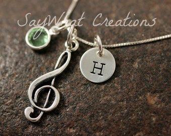 Sterling Silver Treble Clef Music Note Charm Necklace with Mini Hand Stamped Initial and Birthstone