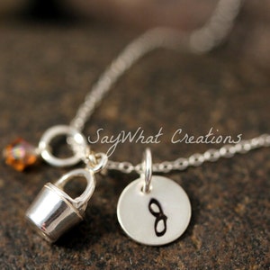 Sterling Silver Mini Initial Hand Stamped Bucket or Pail Charm Necklace image 1