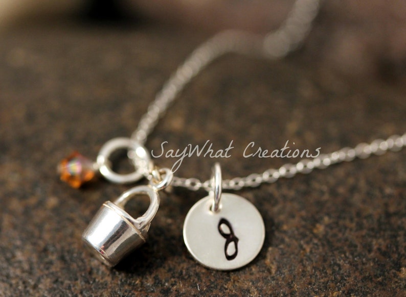 Sterling Silver Mini Initial Hand Stamped Bucket or Pail Charm Necklace image 1