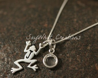 Sterling Silver Mini Initial Frog Necklace with birthstone and sterling silver tree frog charm