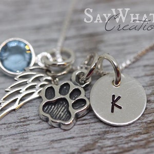 Pet Memorial Necklace Hand Stamped with Paw Print and Angel Wing Charms image 1