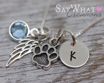 Pet Memorial Necklace Hand Stamped with Paw Print and Angel Wing Charms