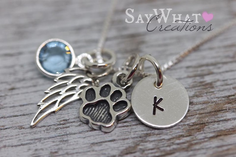 Pet Memorial Necklace Hand Stamped with Paw Print and Angel Wing Charms image 1