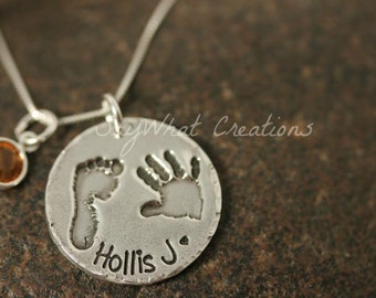 Your baby or child's ACTUAL footprints made into silver pendants  Two footprints plus name and birthday