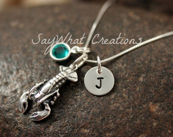 Sterling Silver Mini Initial Hand Stamped Lobster Charm Necklace