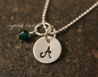 Custom Hand Stamped Sterling Silver Mini Initial Birth stone Necklace with one Letter