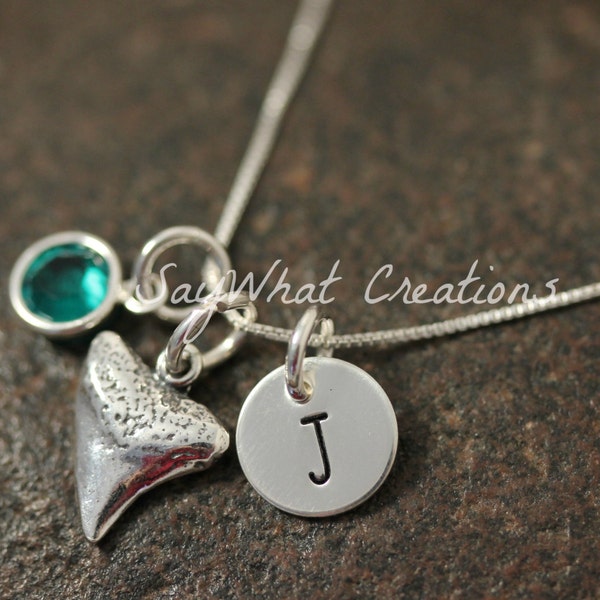 Sterling Silver Mini Initial Hand Stamped Shark Tooth Charm Necklace