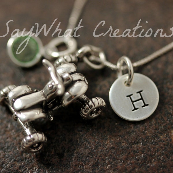 Sterling Silver ATV Quad Four Wheeler Charm Necklace with Mini Hand Stamped Initial and Birthstone