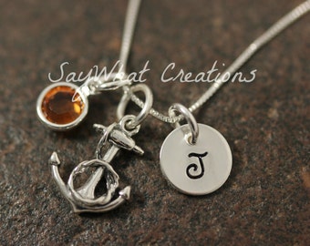 Sterling Silver Mini Initial Hand Stamped Anchor with Rope Necklace