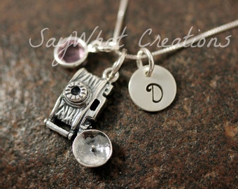 Hand Stamped Sterling Silver Mini Initial Charm Necklace Photographer Camera