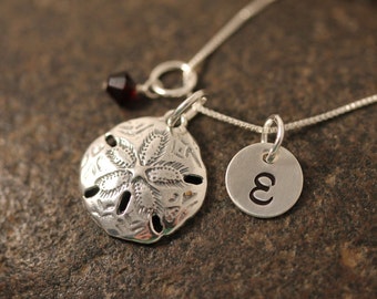 Sterling Silver Mini Initial Hand Stamped Sand Dollar Charm Necklace Beach theme