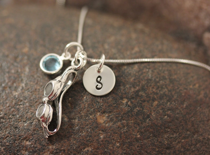 Hand Stamped Mini Initial Sterling Silver Swimming Goggles Swimmers Charm Necklace image 3