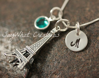 Sterling Silver Mini Initial Hand Stamped Paris Eiffel Tower Charm Necklace