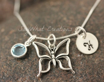 Sterling Silver Mini Initial Hand Stamped Butterfly Charm Necklace