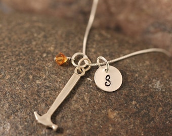 Sterling SIlver Mini Initial Hand Stamped Hammer Charm Necklace