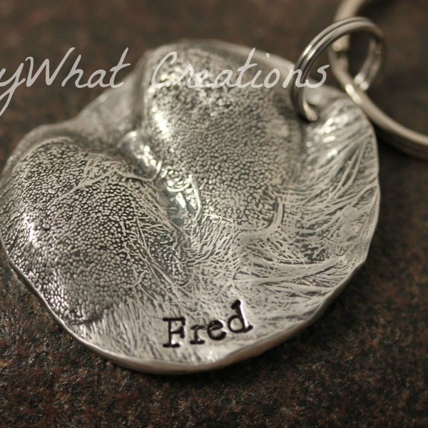 Dog Paw Impression Key Chain - your ACTUAL dog's paw in solid silver with stamped name