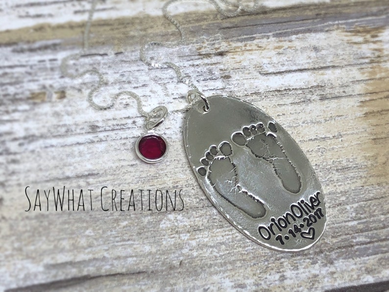 Your baby or child's ACTUAL footprints made into silver pendants Two footprints plus name and birthday image 1