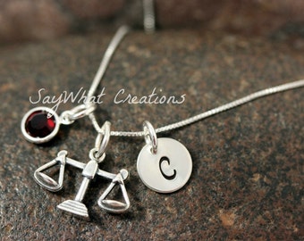 Hand Stamped Mini Initial Sterling Silver Scales of Justice Charm Necklace for Judge or Lawyer