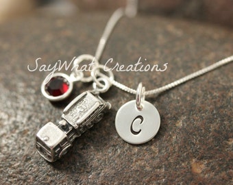 Hand Stamped Mini Initial Sterling Silver Fire Truck Firetruck Charm Necklace