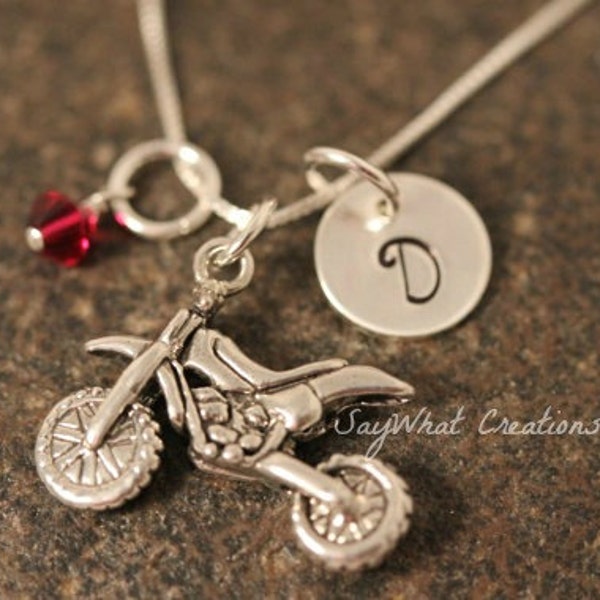 Sterling Silver Mini Initial Hand Stamped Dirt Bike Charm Necklace
