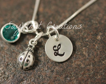 Sterling Silver Ladybug Charm Necklace with Mini Hand Stamped Initial and Birthstone