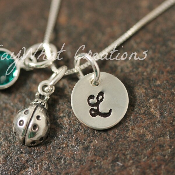 Sterling Silver Ladybug Charm Necklace with Mini Hand Stamped Initial and Birthstone