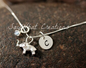 Sterling Silver Elephant Charm Necklace with Mini Hand Stamped Initial and Birthstone