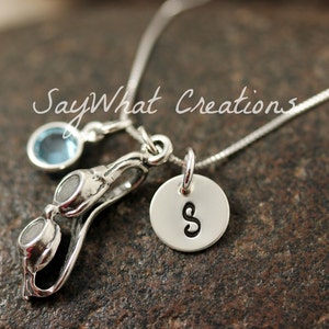 Hand Stamped Mini Initial Sterling Silver Swimming Goggles Swimmers Charm Necklace image 1