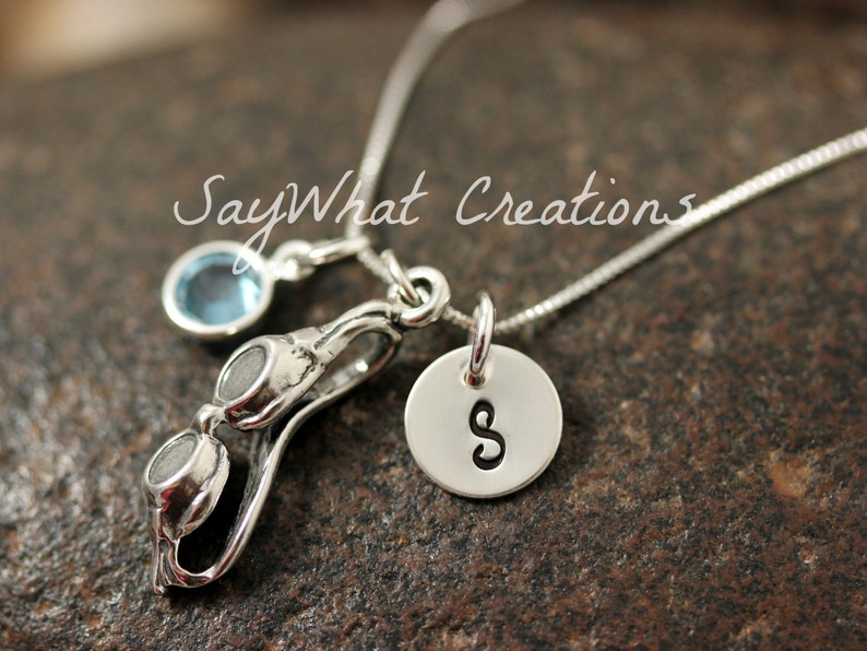 Hand Stamped Mini Initial Sterling Silver Swimming Goggles Swimmers Charm Necklace image 1
