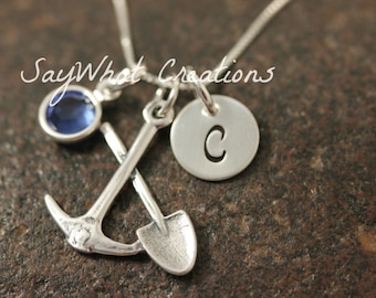 Hand Stamped Mini Initial Sterling Silver Ax and Pick Coal Miners Charm Necklace