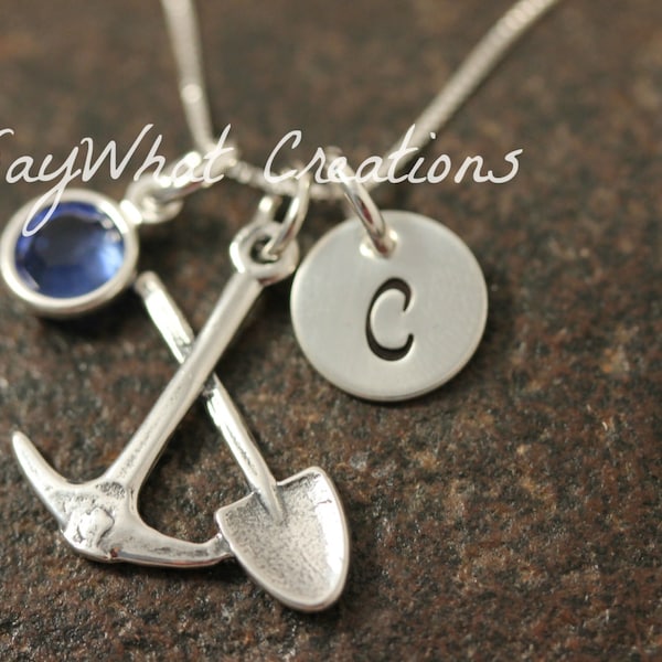 Hand Stamped Mini Initial Sterling Silver Ax and Pick Coal Miners Charm Necklace