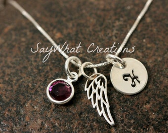 Sterling Silver Angel Wing Charm Necklace with Mini Hand Stamped Initial and Birthstone