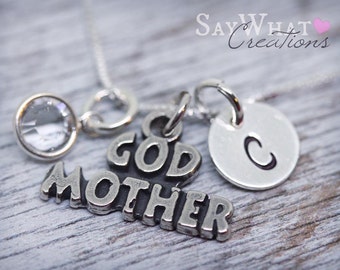 Sterling Silver GODMOTHER Charm Necklace with Mini Hand Stamped Initial and Birthstone