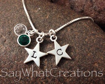 Sterling Silver Hand Stamped Star Necklace with Two Stars and Two Birthstones