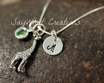 Sterling Silver Hand Stamped Mini Initial Necklace with Giraffe Charm and Birthstone