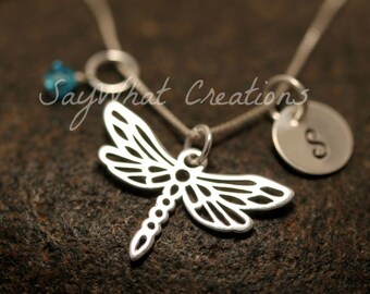 Hand Stamped Mini Initial Sterling Silver Dragonfly Charm Necklace