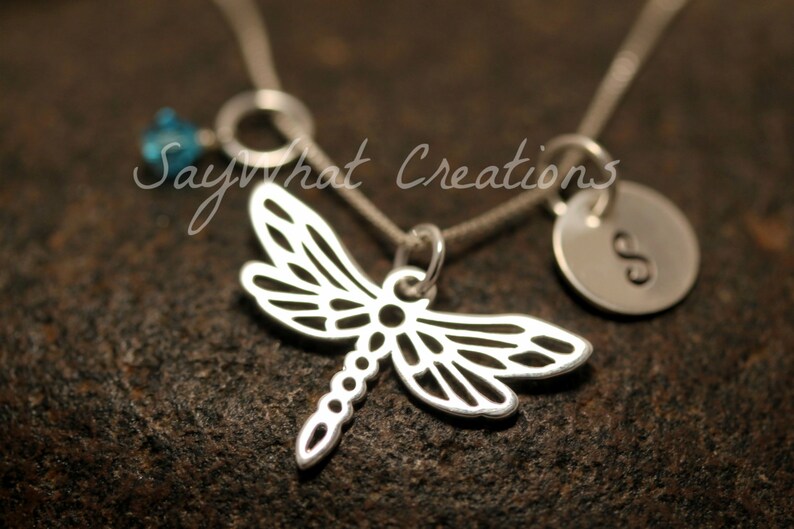 Hand Stamped Mini Initial Sterling Silver Dragonfly Charm Necklace image 1