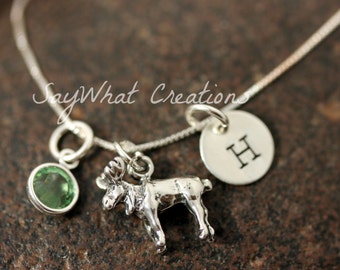 Sterling Silver Moose Charm Necklace with Mini Hand Stamped Initial and Birthstone