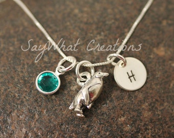 Sterling Silver Mini Initial Hand Stamped Penguin Charm Necklace