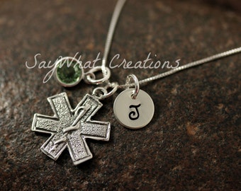 Hand Stamped Mini Initial Sterling Silver Medical Star of Life Paramedic Charm Necklace
